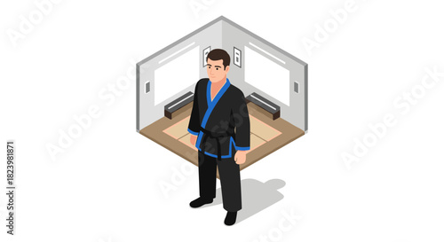 Isometric martial arts training room with a fighter in traditional attire for educational and design use