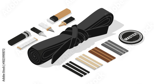 Isometric calligraphy tools set with black rolled mat and chalk, ideal for artistic projects and writing designs