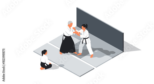 Martial arts training scene with two aikido practitioners and observer in traditional attire