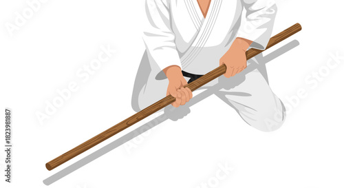 Martial arts training scene with practitioner in traditional gi holding wooden bo staff for aikido or karate practice