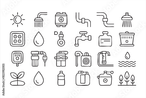 Water plumbing and filtration icon set for utility and infrastructure design