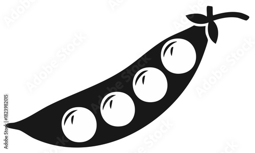 Black and white illustration of pea pod with four peas, vector graphic