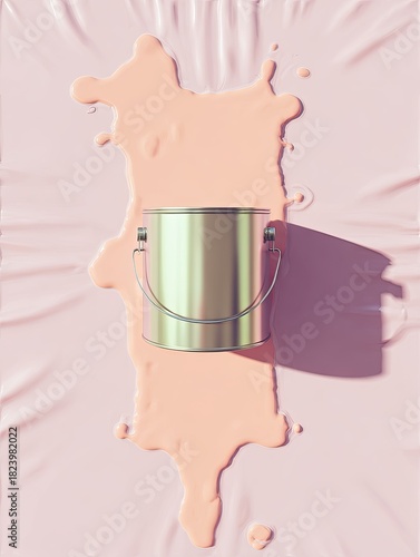 Paint can sits in spilled peach paint on draped pale pink sheet