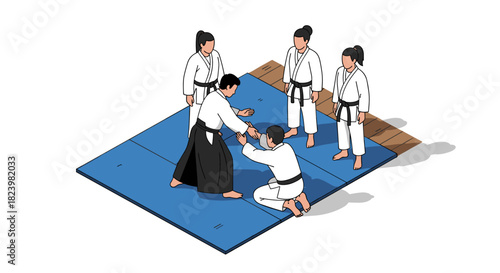 Martial arts training session with sensei guiding students on tatami mats for self defense instruction