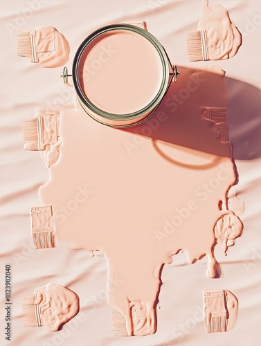 Pink paint spills from can onto wavy surface. Brushes around spill