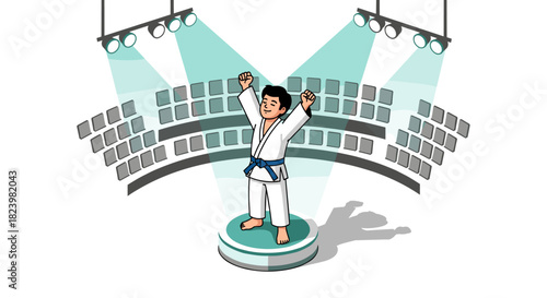 Karate champion celebrating victory on stage with audience and spotlight in martial arts competition design