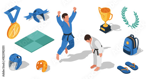 Martial arts competition elements with karate gear and trophy for design and print