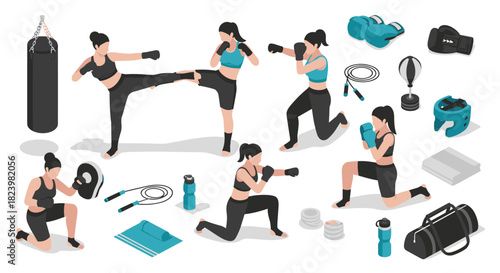 Female martial arts training routine and equipment for fitness and wellbeing in a home gym
