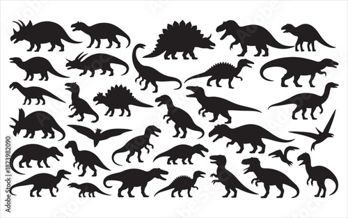 Collection of black dinosaur silhouettes in various poses