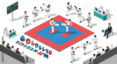 Martial arts tournament scene with karate fighters in action and equipment display