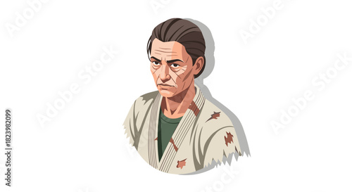 Elderly man in tattered clothing portrait illustration for character design and art projects