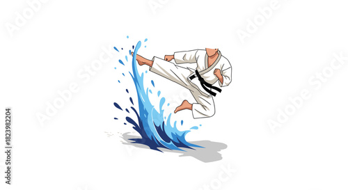 Dynamic karate kick with splash illustration for martial arts design and posters