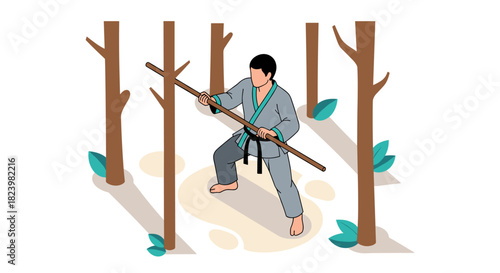 Martial artist practicing with bo staff in forest setting for design and decoration