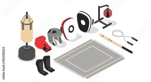 Gym gear isometric illustration featuring boxing equipment and training accessories for fitness design