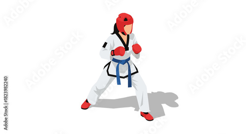 Taekwondo fighter in combat stance with protective gear for martial arts training and competitions