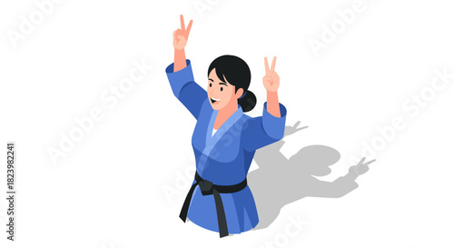 Happy martial artist celebrating victory in blue uniform