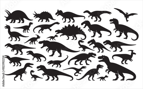 Collection of dinosaur silhouettes in various poses and sizes