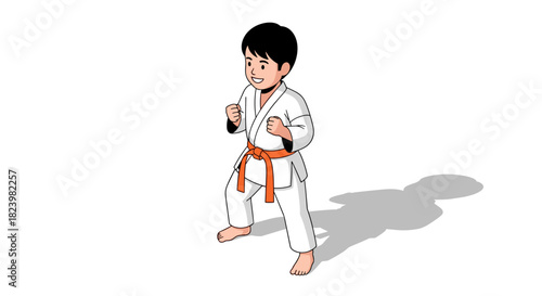 Young boy in karate uniform practicing martial arts poses for training and self defense