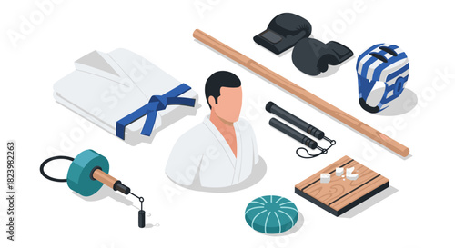 Martial arts equipment and attire featuring gi and training gear for practice and design illustration