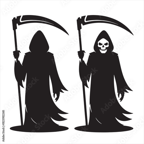 Two grim reaper silhouettes holding scythes on white background