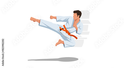 Martial arts concept with karate fighter performing jump kick for sports poster or design