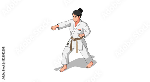 Female karate martial artist in white gi posing for self defense illustration