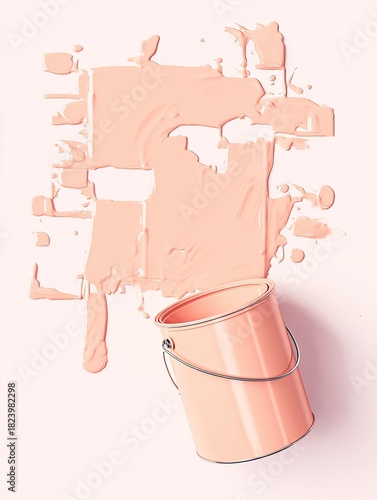 Spilled paint bucket with abstract smeared strokes on light surface