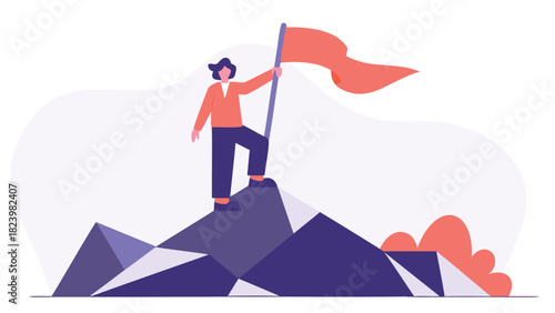 A lone traveler stands triumphantly on a sharp mountain peak holding a flag aloft symbolizing achievement exploration and the spirit of adventure in a vibrant vector design