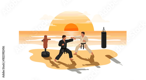 Sunset martial arts training on the beach for fitness and personal growth concepts