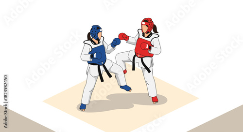 Martial arts competition with two athletes sparring in taekwondo gear
