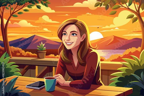 vector of A woman is smiling while sitting at a table outside on a warm evening with a beautiful sunset behind her and a pleasant view.
