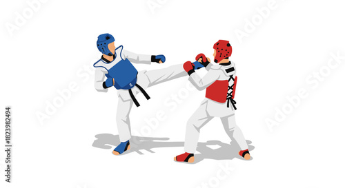 Dynamic taekwondo sparring match illustration for sports design