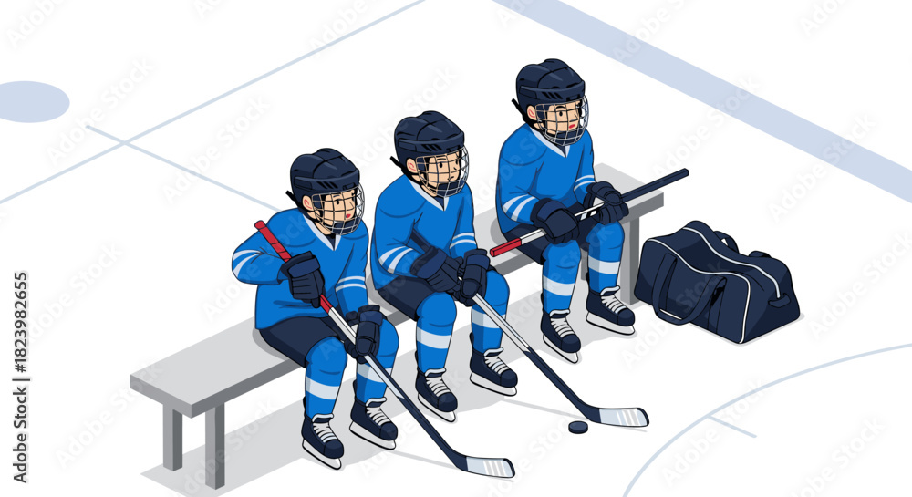 Obraz premium Ice hockey team players resting on bench with gear in blue uniforms