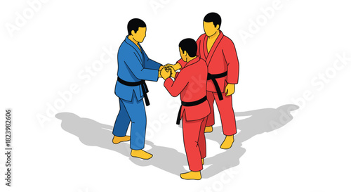 Karate training session with three martial artists in traditional gi uniforms
