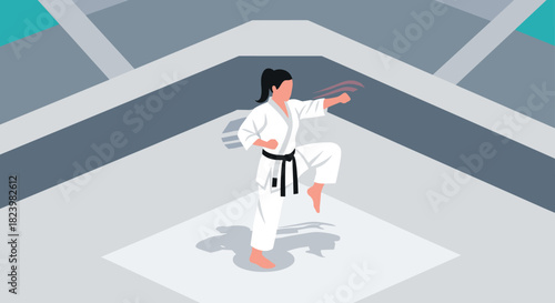 Karate martial arts female athlete in action on geometric background for sports poster or training design