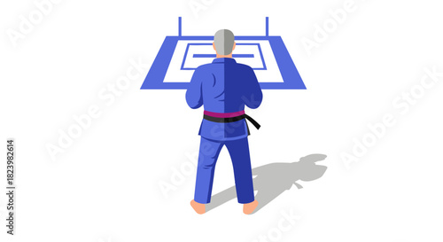 Martial arts competitor preparing for match on blue mat - sports illustration for training, coaching, or gym decor
