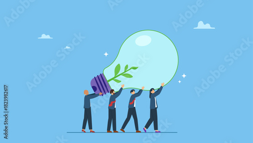Business people employees carry ESG, sustainable lightbulb. Sustainability, ESG, eco environment friendly or clean energy solution, green renewable power, reuse or recycle ecosystem, green corporate.