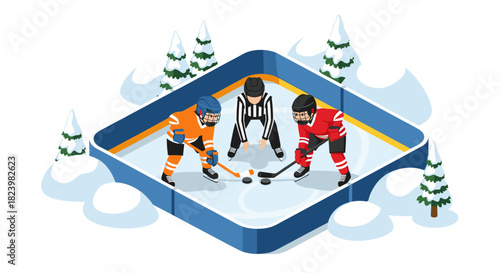Winter ice hockey game with players and referee in snowy outdoor rink illustration for sports design