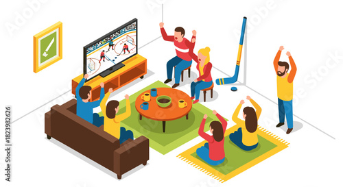 Enthusiastic group watching hockey game at home for sports fan gathering and celebration