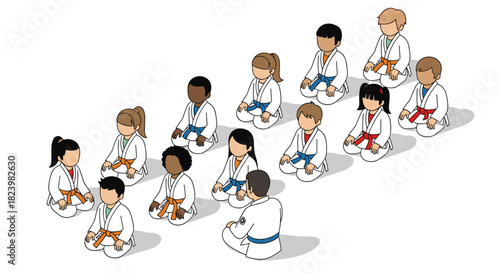 Karate class for kids with instructor in white uniform learning martial arts techniques