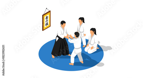 Isometric martial arts training scene with judo practitioners in white uniforms on tatami mat for educational design