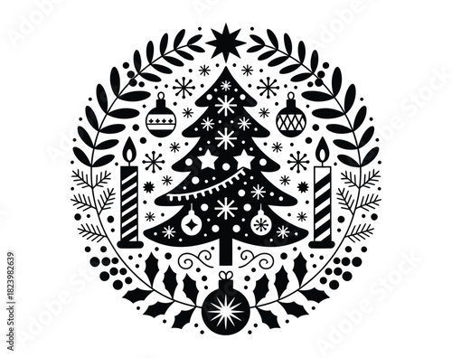 Christmas tree with ornaments and candles in circular frame