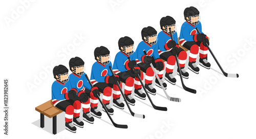 Isometric illustration of hockey team players sitting on bench in blue and red uniforms for sports design