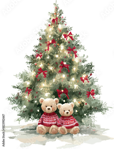 Charming watercolor Christmas scene featuring a festive tree and two adorable teddy bears - vector illustration