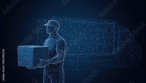 Futuristic Delivery Man Holding Package Next to Autonomous Truck.