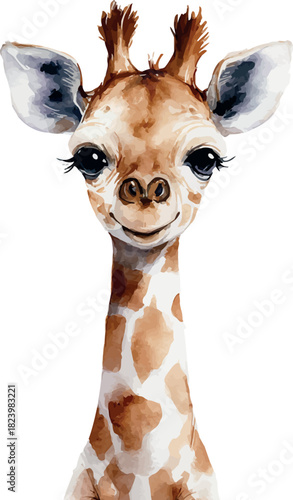 Playful watercolor kids illustration featuring a cheerful giraffe rendered in soft friendly tones - vector illustration