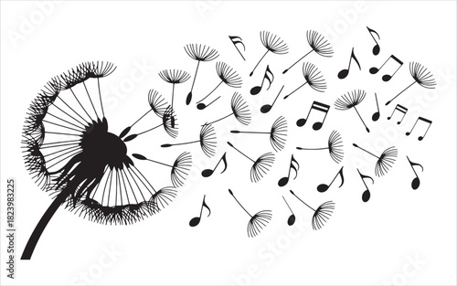 Dandelion seeds transform into musical notes in artistic illustration