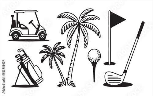 Tropical golf elements hand drawn sketch collection