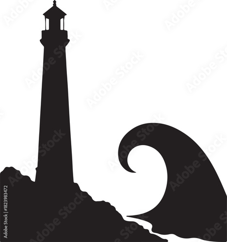 Tall lighthouse silhouette against a mighty ocean wave on a rugged shore