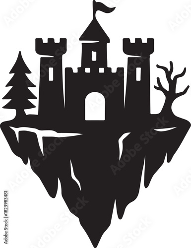 Ancient Castle on a Mystical Floating Island with Contrasting Trees